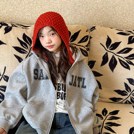 跨境 男女童外套秋季新款儿童休闲运动风连帽卫衣开衫宽松童装