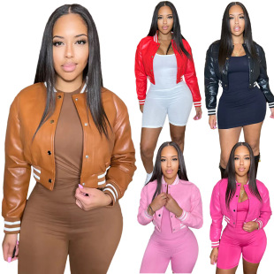 77499 independent station Amazon autumn and winter new women's color matching thread leather sleeve baseball uniform jacket top