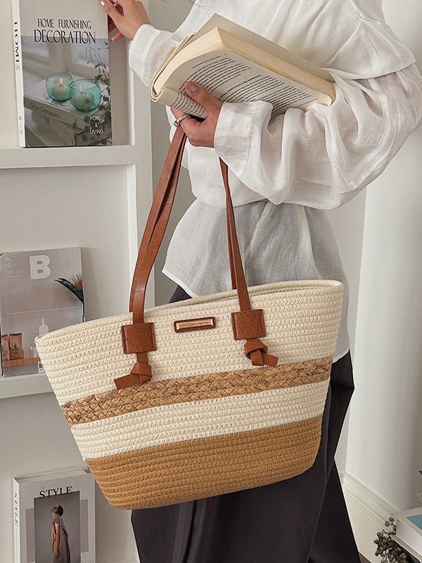 Bolso de mano de gran capacidad para mujeres 2026 verano nuevo estilo de moda tejido bolso de hombro brazaleta de viaje bolsa de ocio