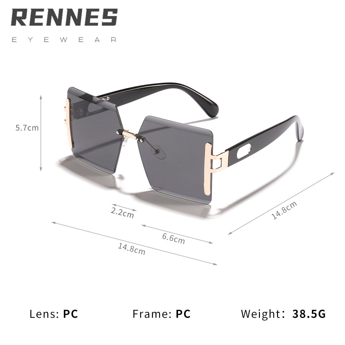 Nuevas gafas de sol cuadradas sin marco multicolores transfronterizas, gafas de sol de protección solar de pasarela de lujo ligero europeo y americano para mujeres Sunglasses