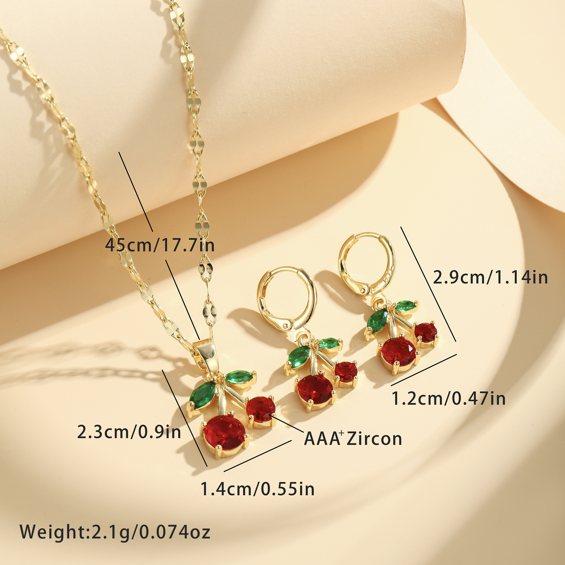 Frutas serie de cobre chapado en oro, piedra de color, collares de diamante, pendientes, pendientes de moda, conjunto de joyería al por mayor