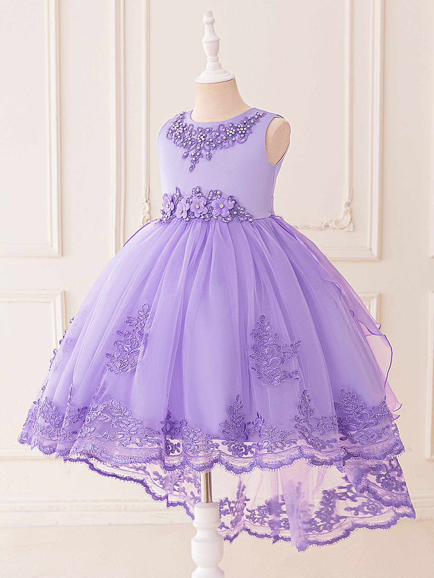 Vestido infantil transfronterizo sin mangas trailera bordado con pastillas de perlas satin vestido de princesa para anfitriones de banquete vestido de noche de chicas