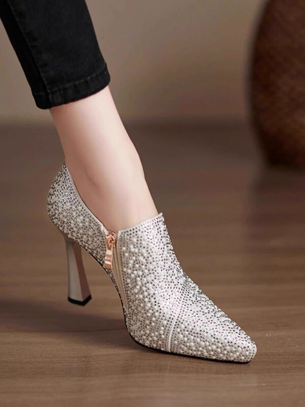 Shanlida Di 2025 New Waterproof Platform High Heels with Rhinestone Chunky Heels and Pointed Toe Single Shoes, Shiny Hot Rhinestone Wedding Shoes in Silver