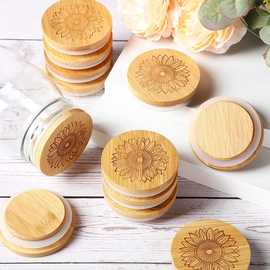 竹木杯盖木质酸奶罐盖带硅胶密封环向日葵图案竹盖杯盖马克杯盖
