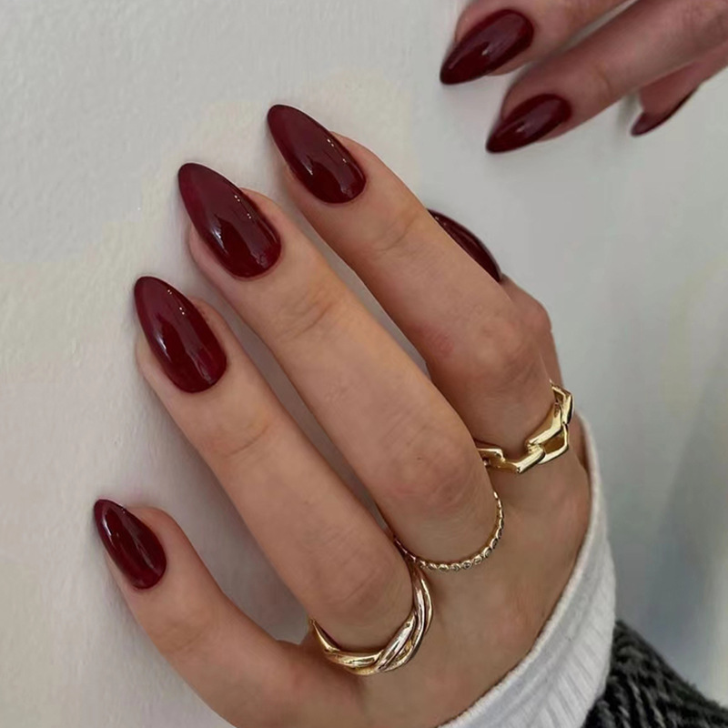 European and American Cross-Border Hot-Selling Burgundy Fake Nails Almond-Shaped Nail Waterdrop Nail Art Stickers 30 Pieces Finished Product Wholesale