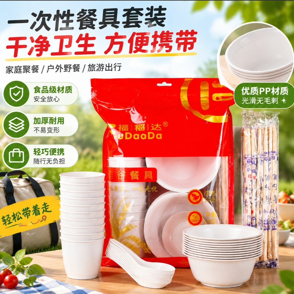 Rice husk disposable tableware set of ten pieces for 10 people, thickened, suitable for home use, weddings, banquets, outdoor camping