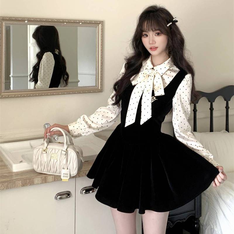 韓国風小魚ベルベットブラックフレンチドレスリッチガールハイエンド秋水玉フェイクツーピーススカート|undefined