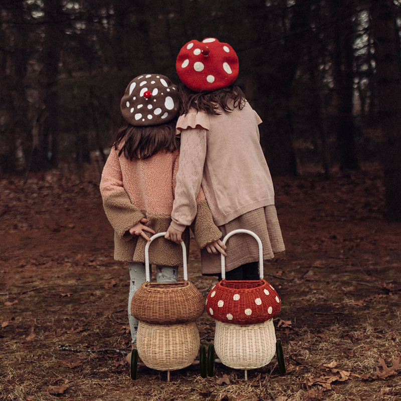 Juguetes para niños, juguetes de peluche de caña naturales, cestas de almacenamiento de hongos, niños, carro de varilla al aire libre