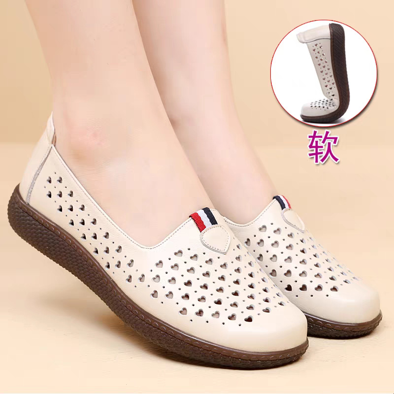 Dép da thật nữ đế phẳng quai chữ V lỗ rỗng mùa hè — nâu