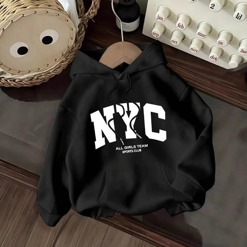 Women's velvet sweater plain letter print kangaroo pocket drawstring print hoodie sweater