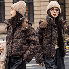 跨境2025欧美外贸短款豹纹棉服女连帽简约时尚宽松个性棉衣女外套