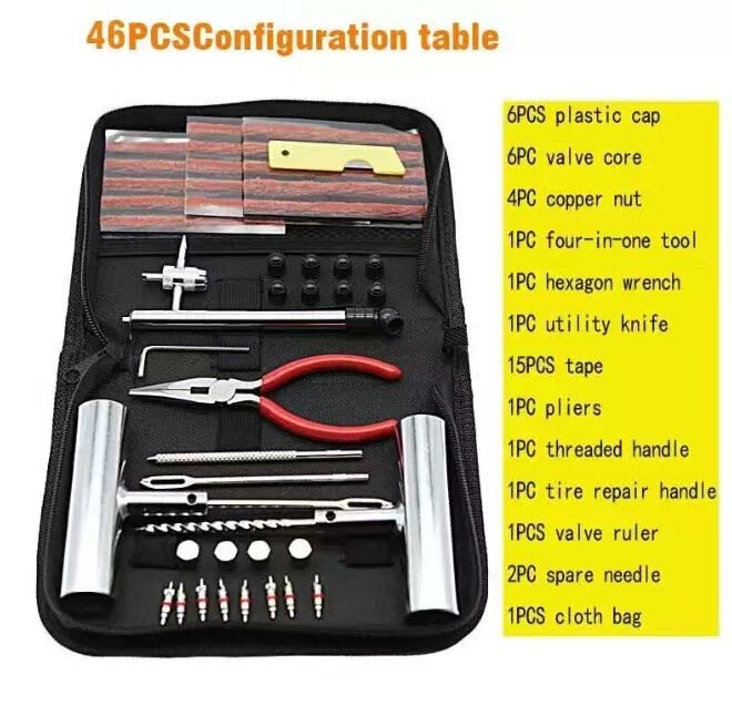 46-piece tire repair tool set for cars, motorcycles, and electric vehicles; tire repair kit; wholesale of car repair accessories 46-piece tire repair tool set for cars, motorcycles, and electric vehicles; tire repair kit; wholesale of car repair accessories