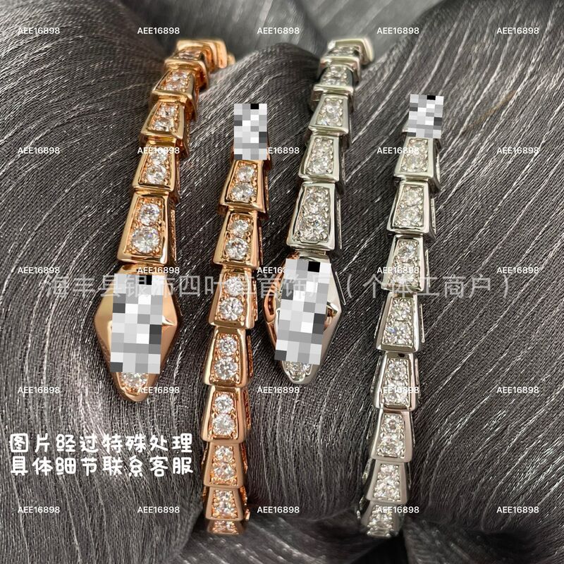 Top Version V Gold Cnc Precision Snake-Shaped Full Diamond Bracelet for Women Thick Plated 18K Rose Gold Elastic Adjustable Bracelet Live Broadcast