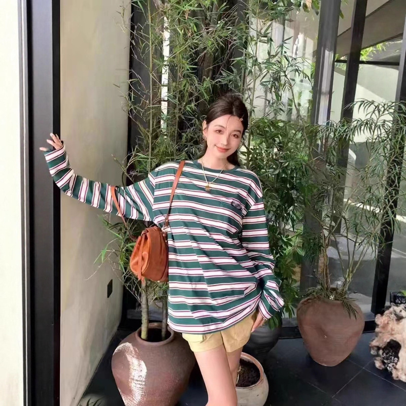 Miu Miu 24Ss New Versatile Casual Loose Color-Block Striped Long-Sleeve T-Shirt for Couples