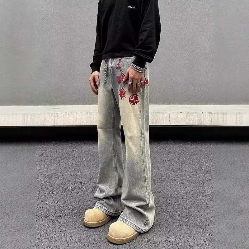 Men's Distressed Washed Yellow Mud Jeans – High-Street Straight Leg Bootcut Denim With Embroidery (S-3XL)_voghion.com