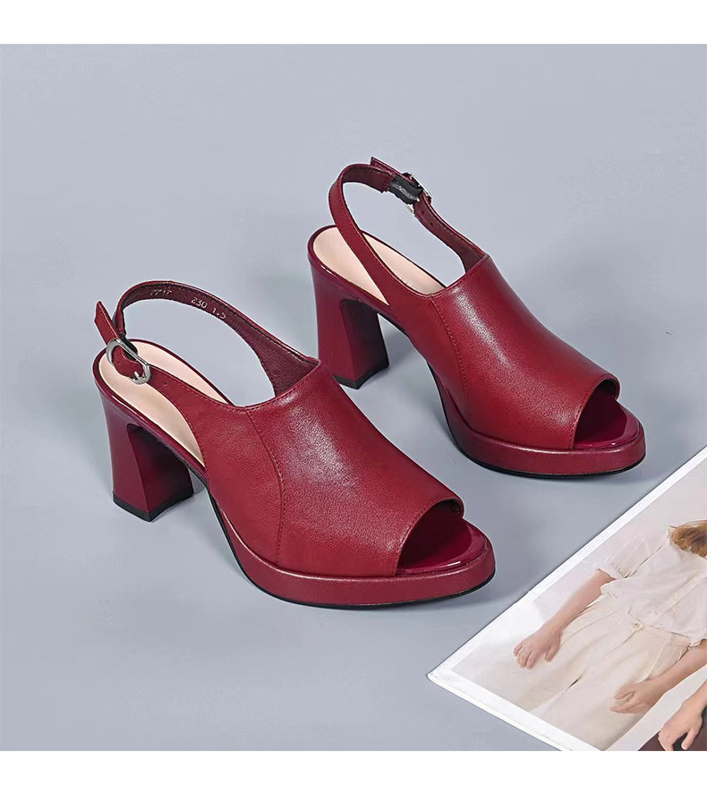 Sandal cao gót nữ da thật quai đơn mũi nhọn gót vuông đế dày kiểu La Mã gót 8 cm — Chiều cao gót 8cm màu đỏ tía chi tiết 8