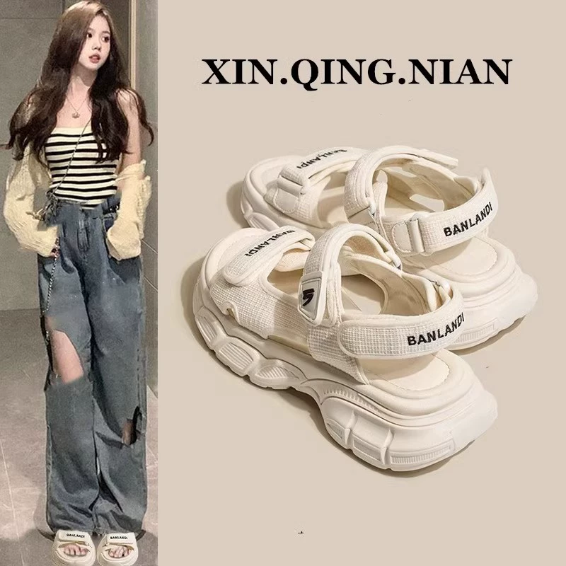 Женские спортивные сандалии 2025: Новинка лета, на толстой подошве, с липучками, повседневные, в римском стиле, универсальные, для студентов, для пляжа