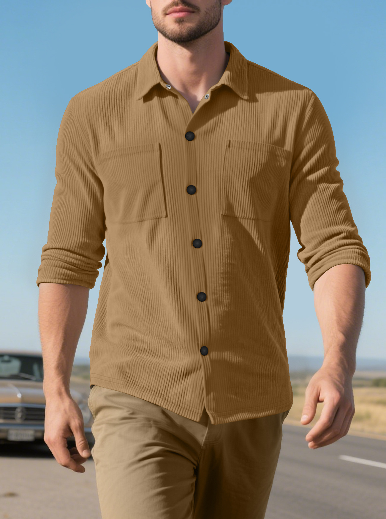 Nuevo otoño transfronterizo nuevo tamaño grande de camisa de botón de terciopelo TEMU casual suelto hombre bolsa abierta