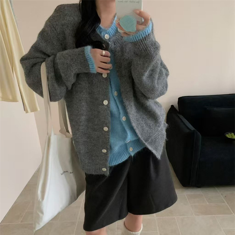 Korean Style Round Neck Fake Two-Piece Sweater Jacket for Women 2025 Autumn and Winter Soft and Lazy Loose Color-Blocked Knitted Cardigan Top
