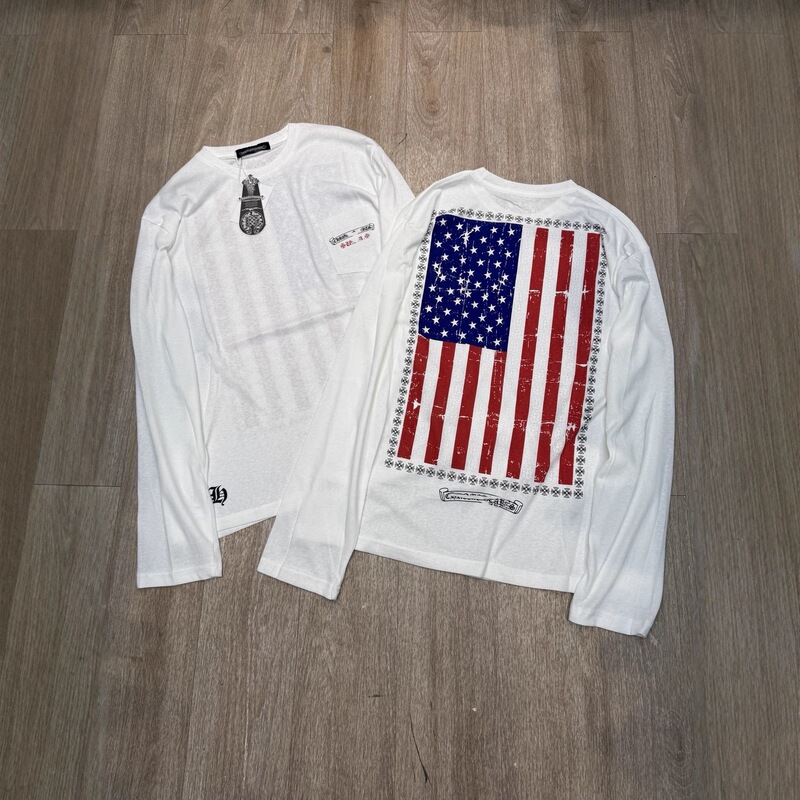 Cross-Border Authentic Version Ch+ New Spring and Autumn Style Long-Sleeve T-Shirt with Chest Pocket and Sanskrit Print, Couple's Style, One Piece Shipped