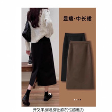 咖色毛呢半身裙女秋冬季复古高腰后开叉直筒裙小个子a字中长裙子
