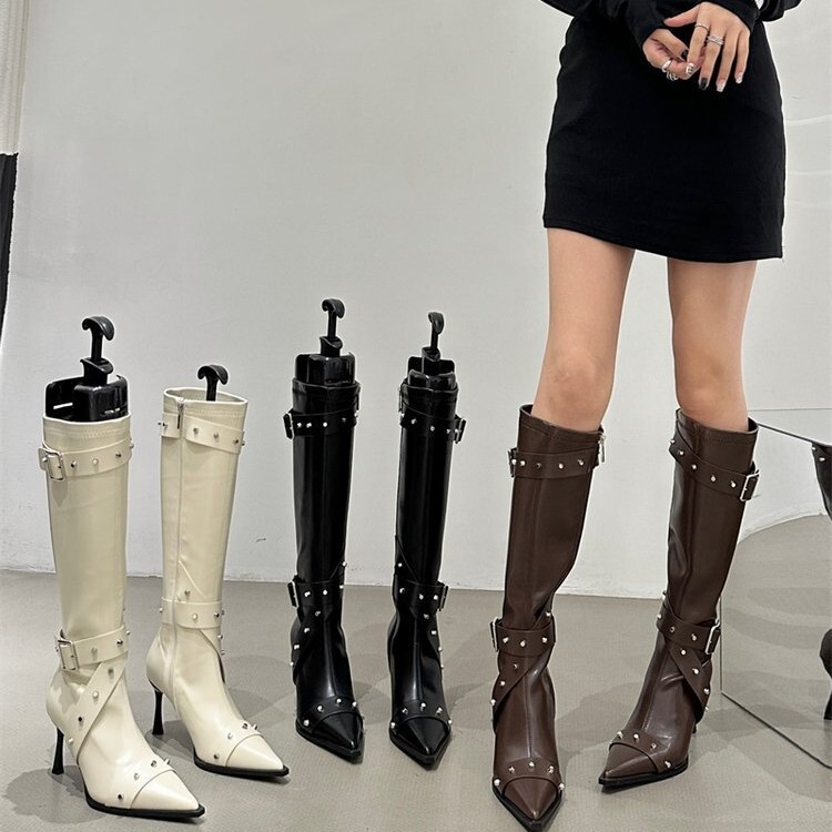 Super High Heel Boots 2024 New Pointed Thin Heel Rivet Martin Boots Knight Boots Women's High Boots creamy-white