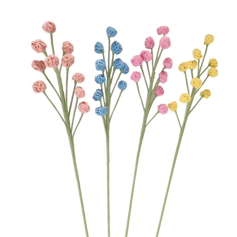 Ramo de flores eternas tejidas a mano multicolor acabado flor falsa Ramo de frutas pequeñas tejidas a todo fósforo de lana con hierba
