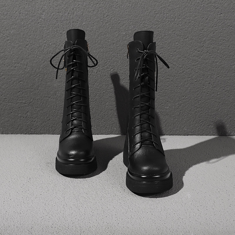 Boot nữ cổ thấp dây buộc mũi tròn đế dày gót 10 cm phong cách Anh quốc cổ điển — Nhung kaki đậm chi tiết 10