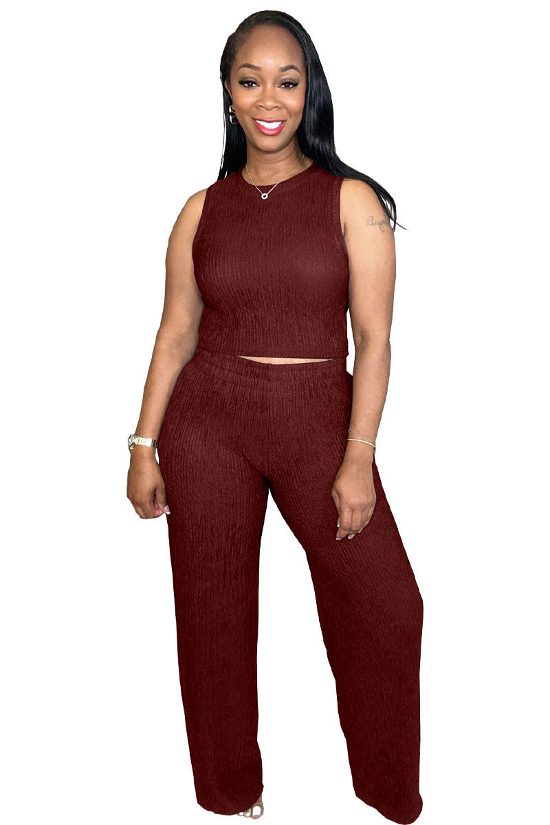 Women's Sleeveless Round Neck Solid Color Top & Long Pants Set - Breathable Polyester Spandex Blend - Casual Office Wear - Black/Maroon (S-XXL)_ecoleips.com