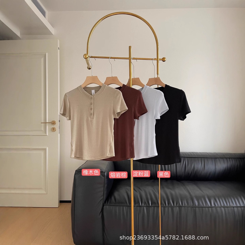 Lulu Holdtight Ribbed Henley Modal Five-Button Round Neck Henley Shirt Stretch Short-Sleeved T-Shirt