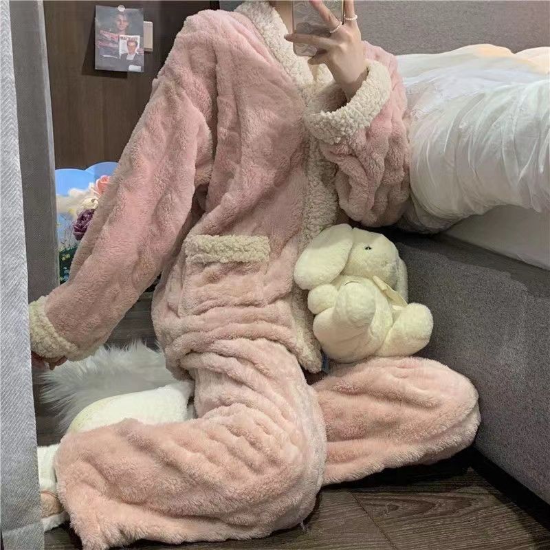 一件代发加绒加厚小香风珊瑚绒冬季新款睡衣可外穿秋冬天法兰外贸