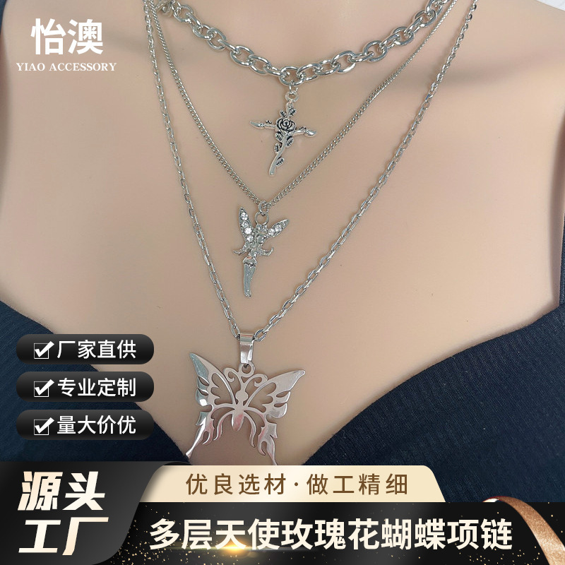 European and American lNSt Harajuku Style Internet Celebrity Multi-layer Angel Rose Butterfly Necklace Japanese and Korean Style Personalized Hip Hop Necklace