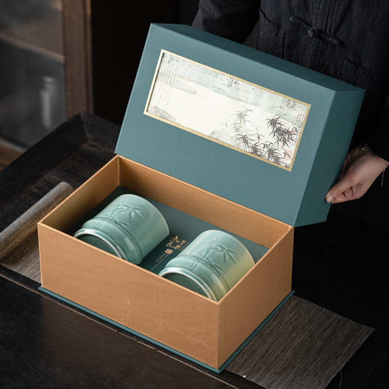 High-end Retro Tea Gift Box, Ceramic Canister Packaging for Pu-erh and Anji White Tea, Red and Green Tea, Celadon Ceramic Manufacturer