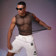跨境欧美银丝细闪男装音乐节派对背心男水钻上衣夜店派对透视上衣