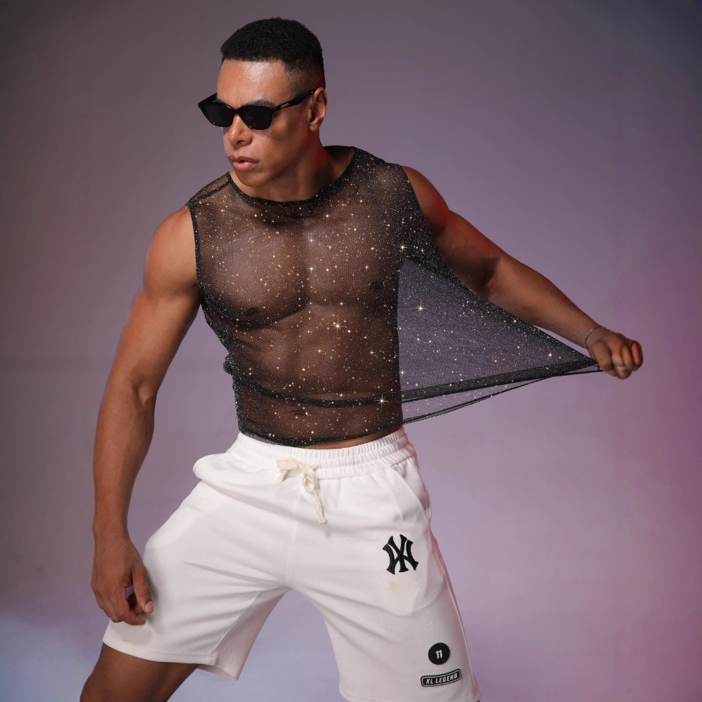 跨境欧美银丝细闪男装音乐节派对背心男水钻上衣夜店派对透视上衣