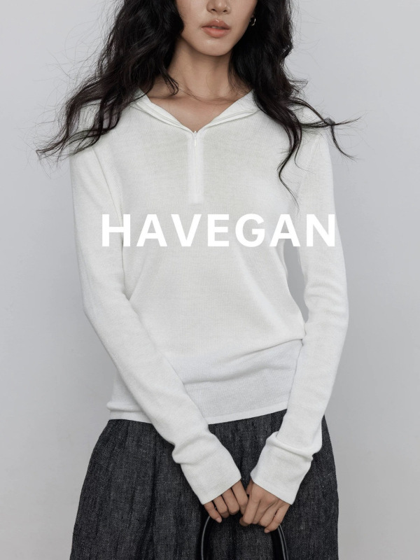 与间HAVEGAN/秋季连帽羊毛长袖针织衫女打底纯色慵懒弹力休闲上衣|undefined