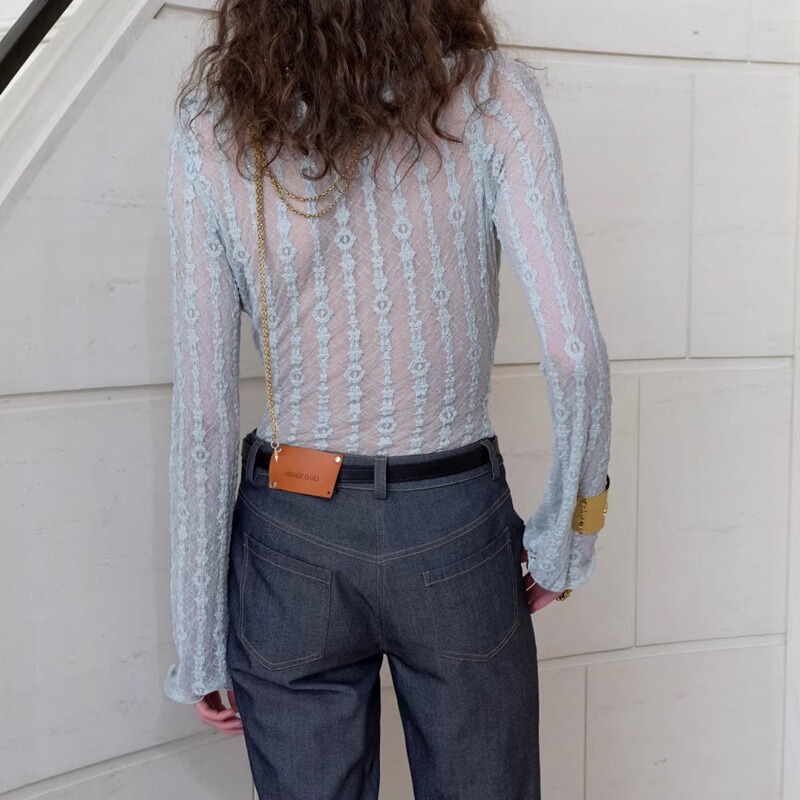 In-Stock Light Luxury Style Lace Long-Sleeve Top with Multi-Layered Ruffles, Sexy Sheer Inner Wear with a Stylish Vibe
