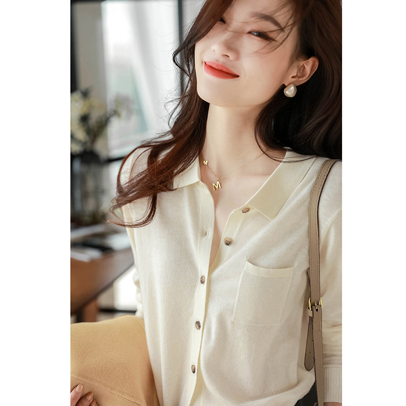 Gao Ji artistic shirt style casual temperament slimming lapel wool knitted cardigan women's autumn top