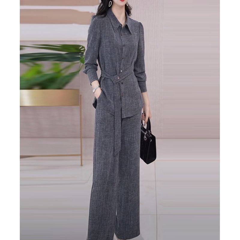 高端时尚气质套装女2025春秋新款韩版显瘦长袖上衣阔腿裤两件套潮|undefined