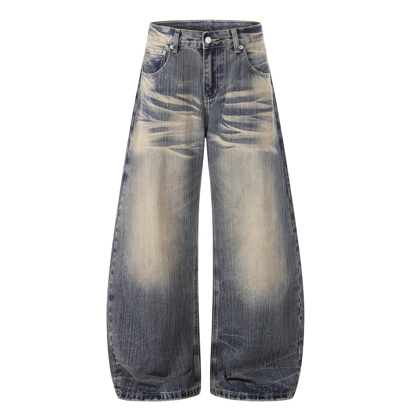 Men's Retro Blue Washed Whiskered Wide Leg Scimitar Jeans Casual Loose Fit American High Street Style Spring New Trousers For Women_mkmklike.com
