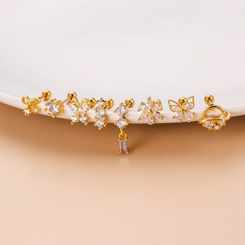 316L Stainless Steel , Copper Material 1 Piece 316L Stainless Steel Copper Zircon Ear Cartilage Rings & Studs Butterfly Waterproof Non Tarnish Surgical Steel Women'S