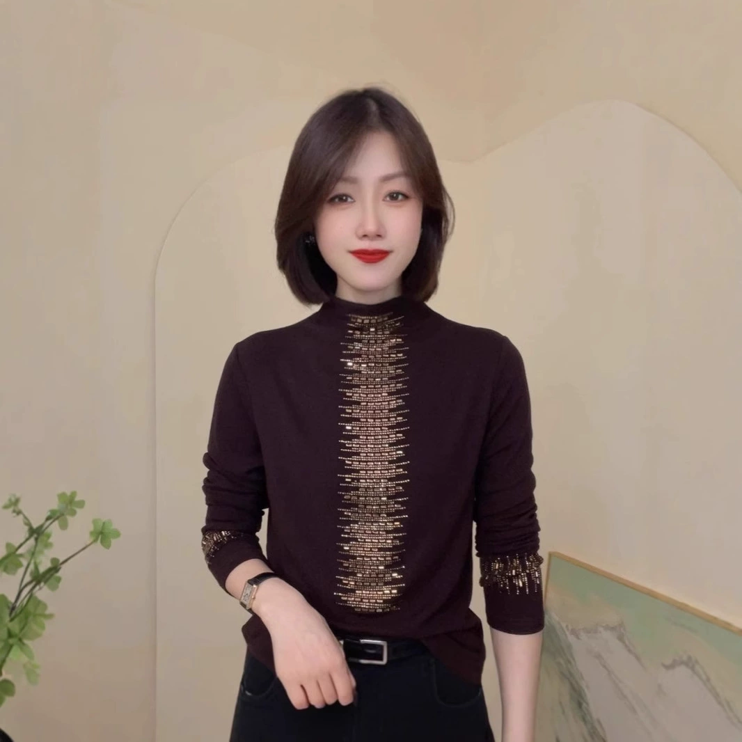 Женский сплошной цвет дикий осенний новый полувысокий воротник с горячими бриллиантами с длинными рукавами повседневная рубашка темперамент дамы тонкая рубашка для женщин