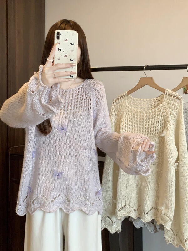 时尚韩系蝴蝶镂空软糯长袖针织毛衣女秋冬大码慵懒风宽松显瘦上衣|undefined