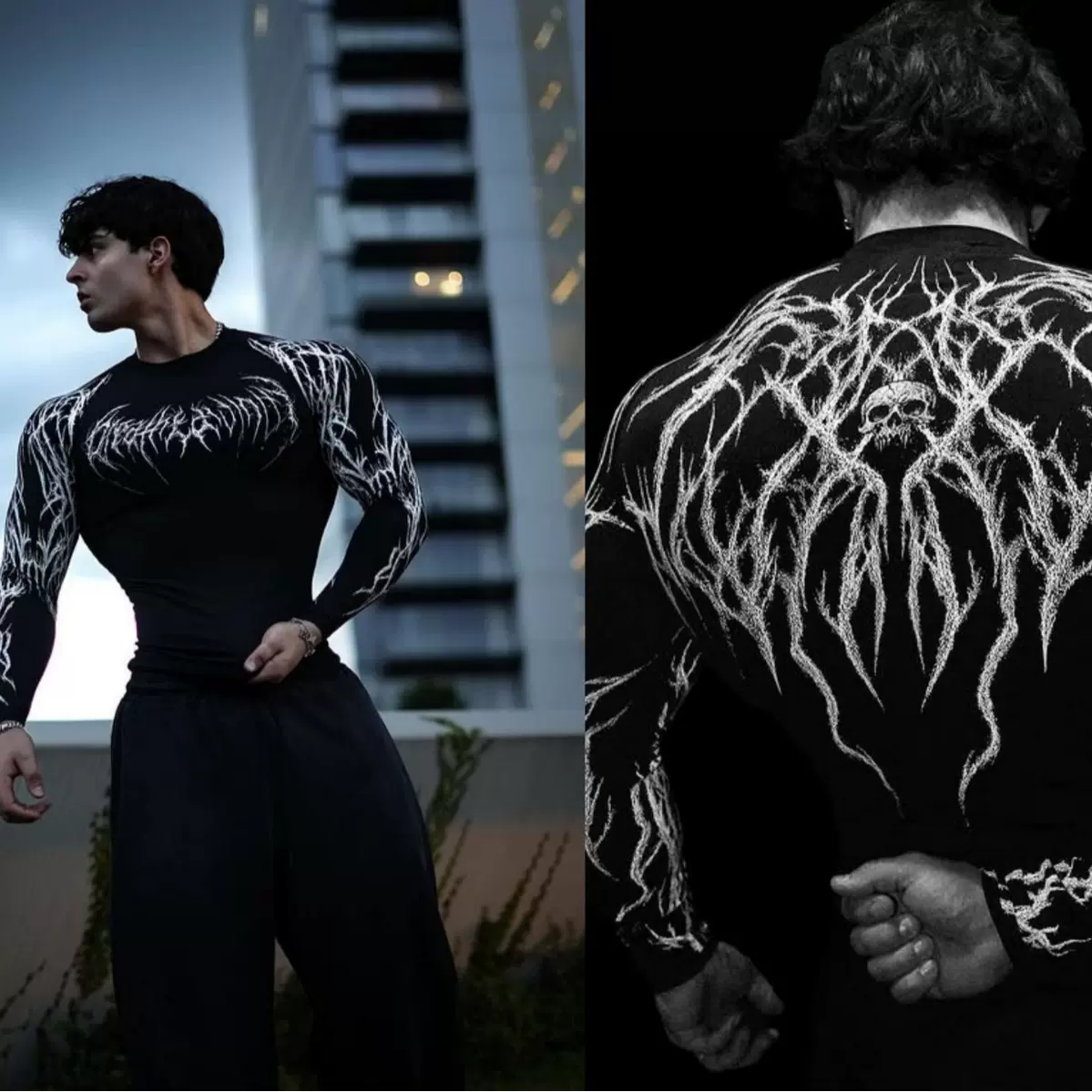 2025新款暗黑骷髅闪电纹路肌肉款男士长袖 T恤运动健身训练紧身衣