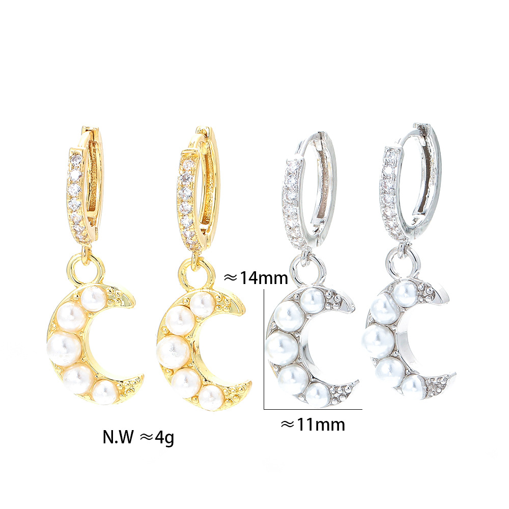 Korean Moon Pearl Crescent Micro-inlaid Zircon Earrings Wholesale display picture 3