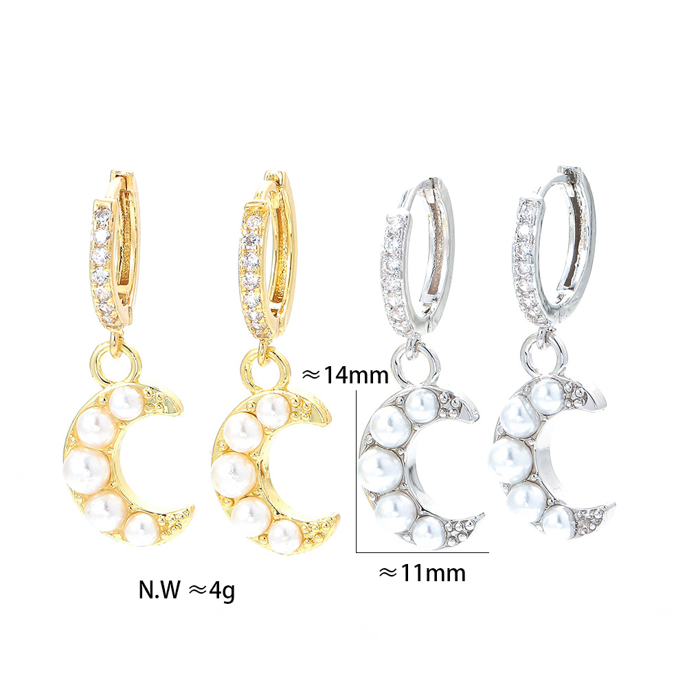 Unisex Gender Plating Design Korean Moon Pearl Crescent Micro-inlaid Zircon Earrings Wholesale