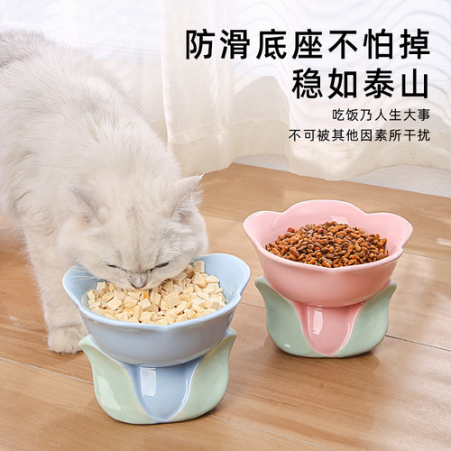 Manufacturer Direct Sale Flower Ceramic Cat Bowl Cat Feeding Dish Pet Bowl Cat Dish Dog Bowl Slanted Mouth Neck Protection Cat Food Bowl New Product