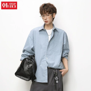撞色蓝格纹理长袖衬衫男春季miu系穿搭格子衬衣落肩宽松休闲外套q