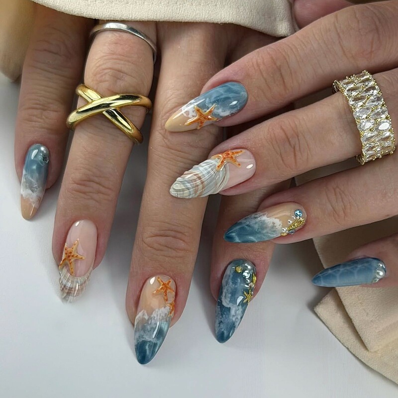Cross-border best-selling nail tips, 30 pieces, summer 3D almond starfish French style, exquisite wave design, export-quality nails Cross-border best-selling nail tips, 30 pieces, summer 3D almond starfish French style, exquisite wave design, export-quality nails