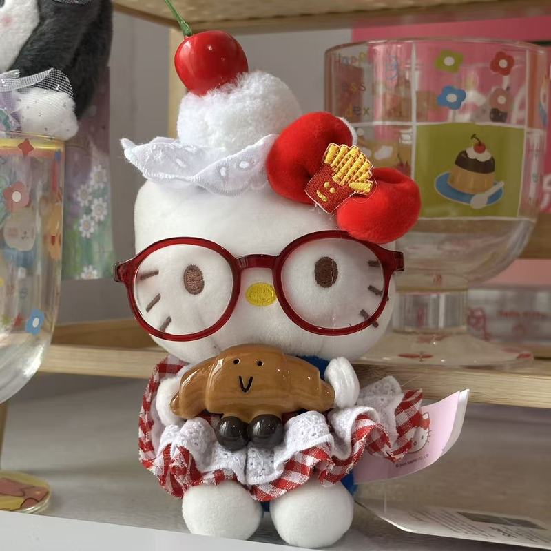 可爱眼镜抱牛角包HelloKitty少女红格裙钥匙扣diy樱桃头饰包包挂|undefined